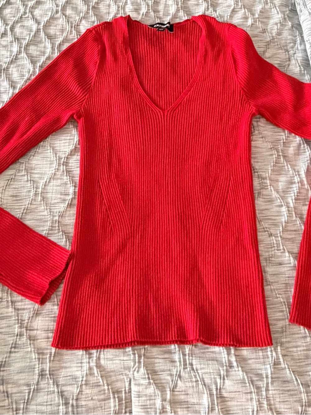Express Red Ribbed V-Neck Sweater
